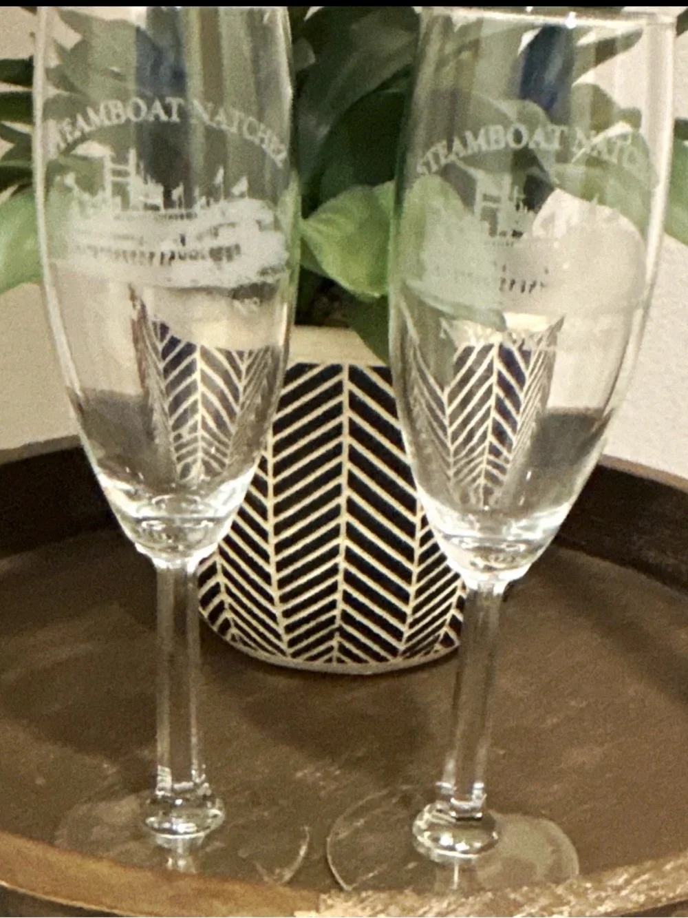 New Orleans Steamboat Natchez Etched Champagne Flutes - Clear Glass, Set of 2